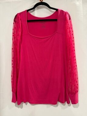 torrid Fuchsia Scoop Neck Long-Sleeve Top with Sheer Polka Dot Sleeves